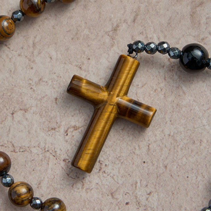 Christianartworkshop Rosario a croce solida in pietra naturale Occhio di Tigre e Ossidiana: Emblema della Grazia Divina Radicata e Stabilizzante - image 4