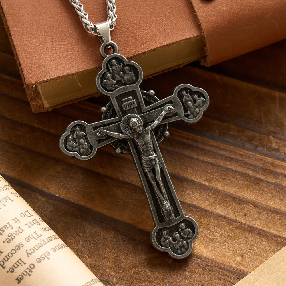 Christianartworkshop Collana vintage con crocifisso a quattro lobi in rilievo e catena a spiga di grano: emblema di sacrificio e misericordia redentrice. - Crocifisso - image 0