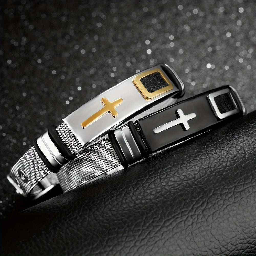 Christianartworkshop Bracciale con fibbia ad ardiglione in acciaio inossidabile a maglia con croce in rilievo bicolore: emblema di eleganza minimalista e intramontabile. - image 1