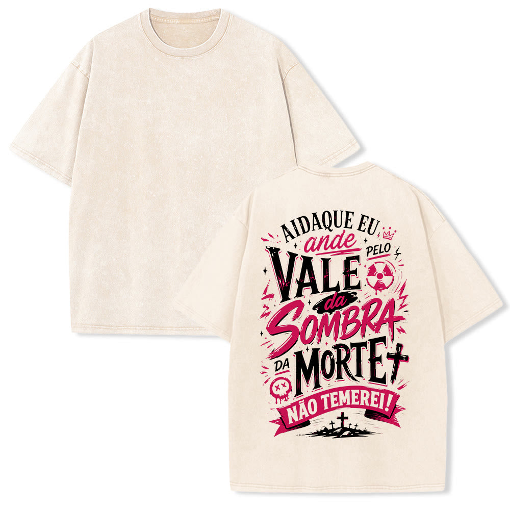 Christianartworkshop Ainda Que Eu Ande Pelo Vale Da Sombra Da Morte Croce Grave Corona Fede portoghese Stampa sul retro T-shirt unisex lavata vintage - Beige - 5XL - image 1