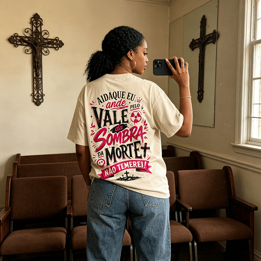 Christianartworkshop Ainda Que Eu Ande Pelo Vale Da Sombra Da Morte Croce Grave Corona Fede portoghese Stampa sul retro T-shirt unisex lavata vintage - image 0