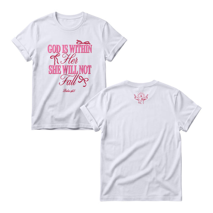 Christianartworkshop Magliette girocollo da donna con scritta Mix Serif Cursive Bow Detail God Is Within Her Bible Verse - Bianco - 4XL - image 2