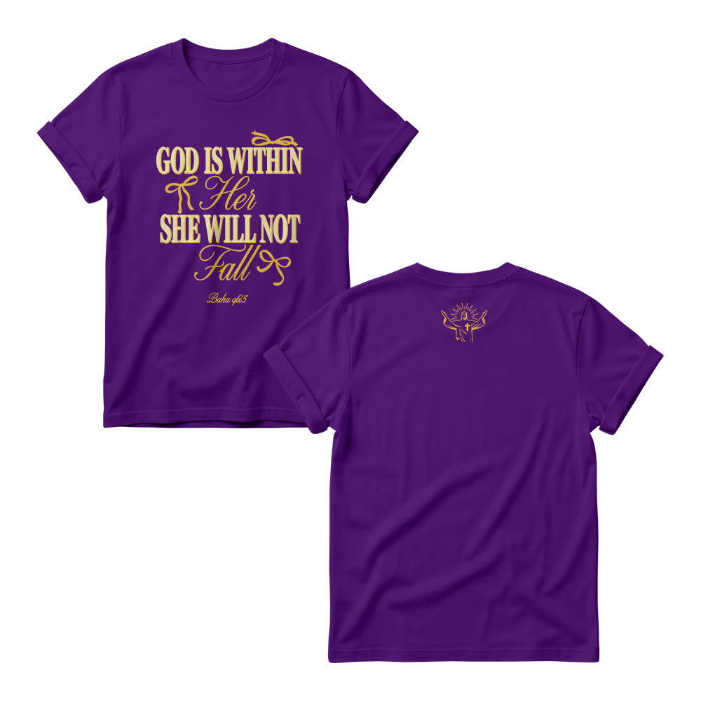 Christianartworkshop Magliette girocollo da donna con scritta Mix Serif Cursive Bow Detail God Is Within Her Bible Verse - Viola - 4XL - image 9
