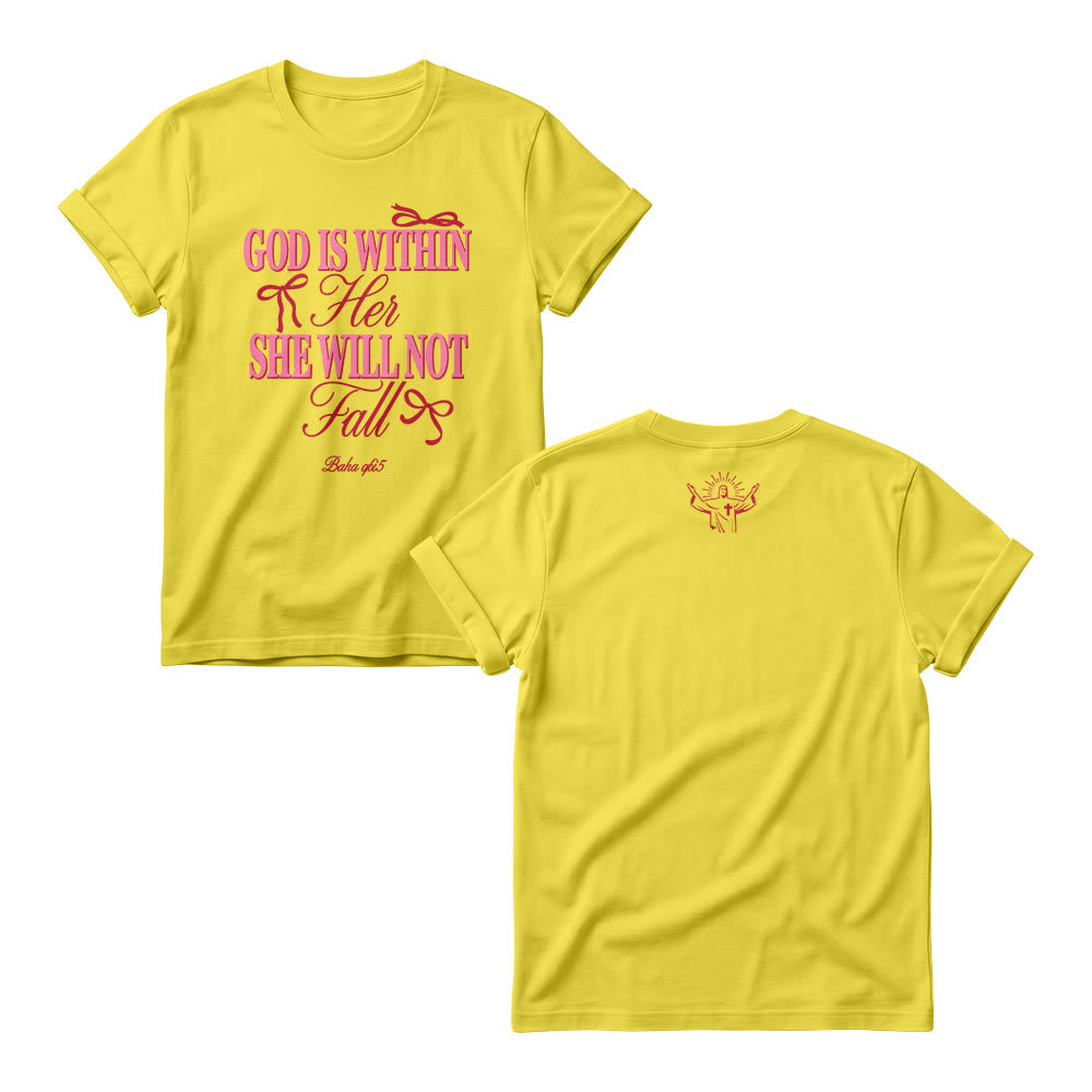Christianartworkshop Magliette girocollo da donna con scritta Mix Serif Cursive Bow Detail God Is Within Her Bible Verse - Giallo - 4XL - image 4