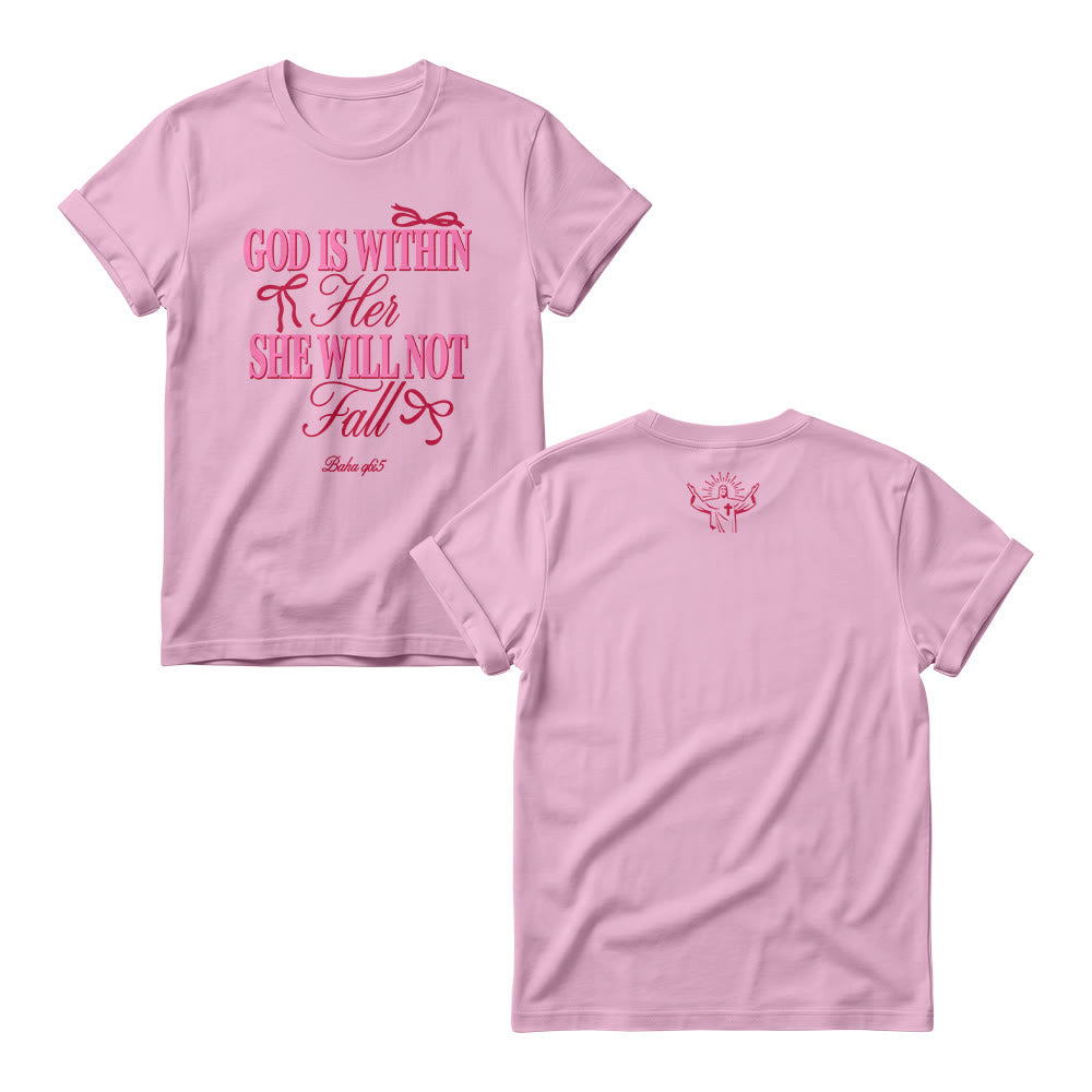 Christianartworkshop Magliette girocollo da donna con scritta Mix Serif Cursive Bow Detail God Is Within Her Bible Verse - Rosa - 4XL - image 6