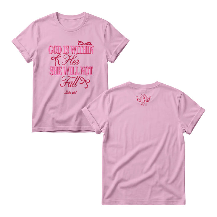 Christianartworkshop Magliette girocollo da donna con scritta Mix Serif Cursive Bow Detail God Is Within Her Bible Verse - Rosa - 4XL - image 6