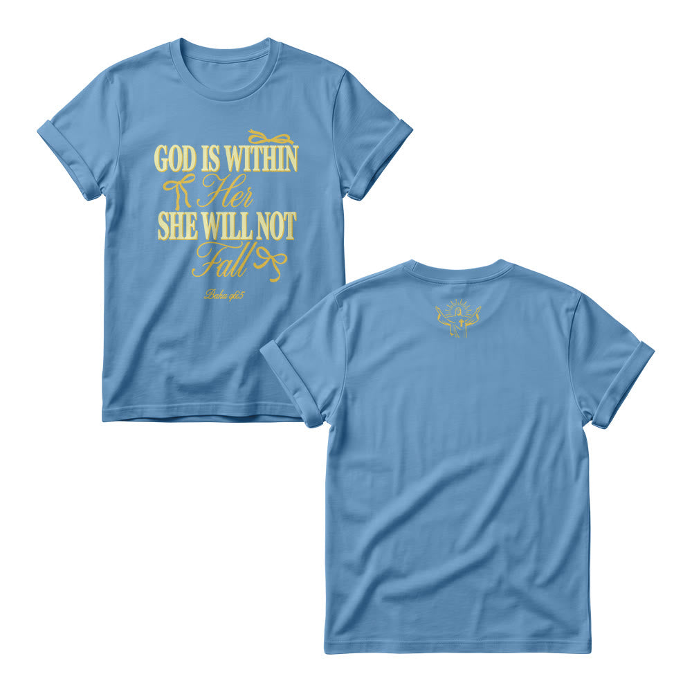 Christianartworkshop Magliette girocollo da donna con scritta Mix Serif Cursive Bow Detail God Is Within Her Bible Verse - Blu - 4XL - image 7
