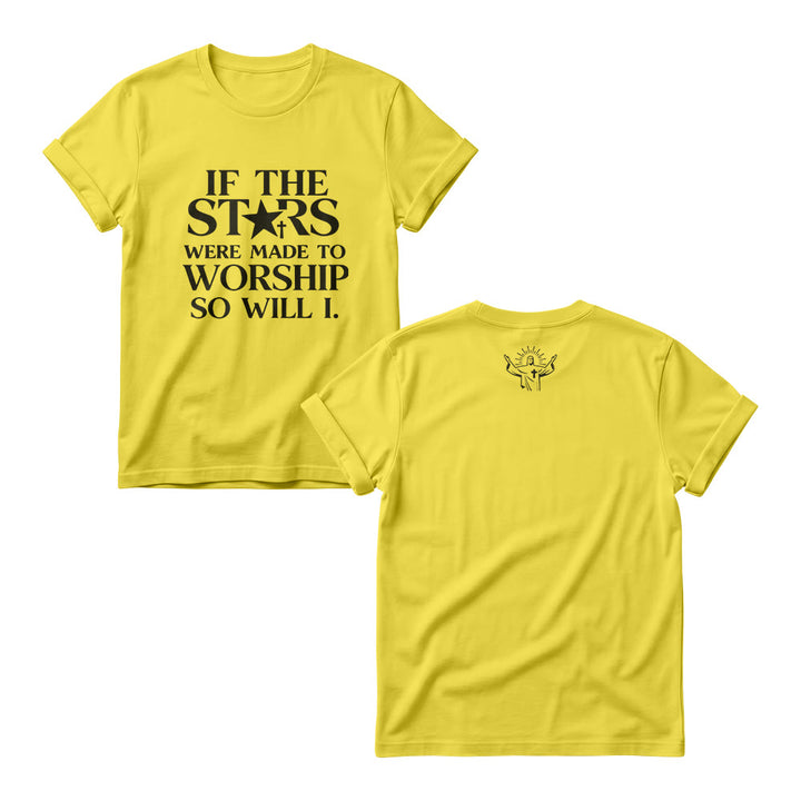 Christianartworkshop Se le stelle fossero fatte per adorare Croce Stella Sostituisci Serif Stack Stampa frontale Magliette girocollo da donna - Giallo - 4XL - image 3