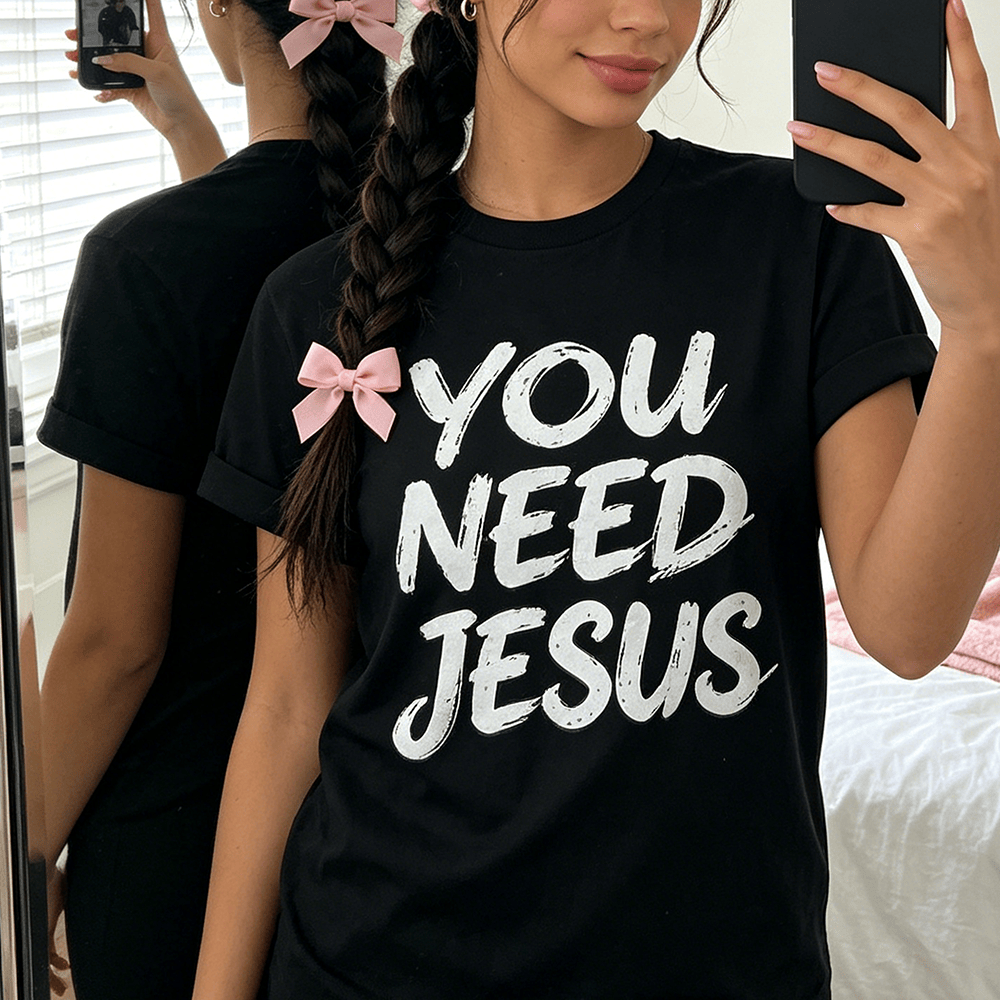 Christianartworkshop Maglietta girocollo da donna con stampa frontale "You Need Jesus Distressed Brush Stack Script". - image 0