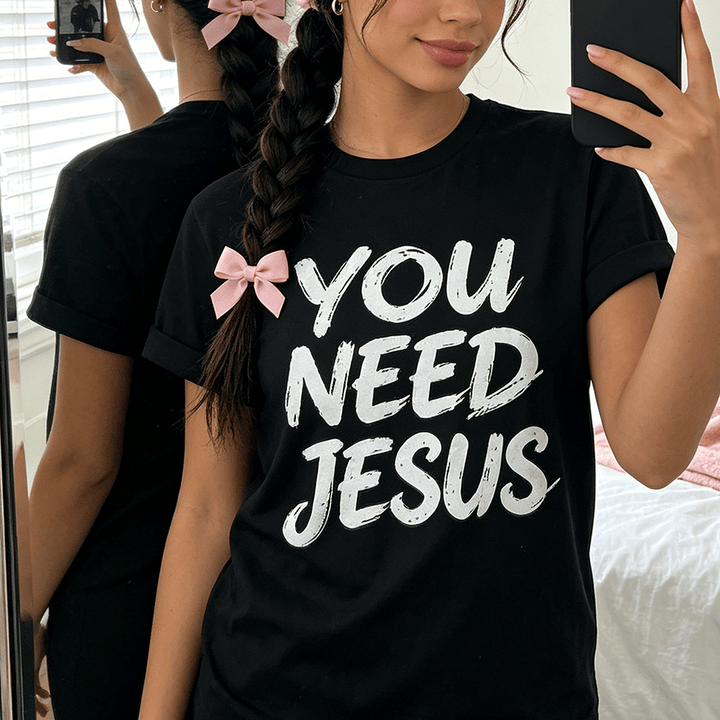 Christianartworkshop Maglietta girocollo da donna con stampa frontale "You Need Jesus Distressed Brush Stack Script". - image 0