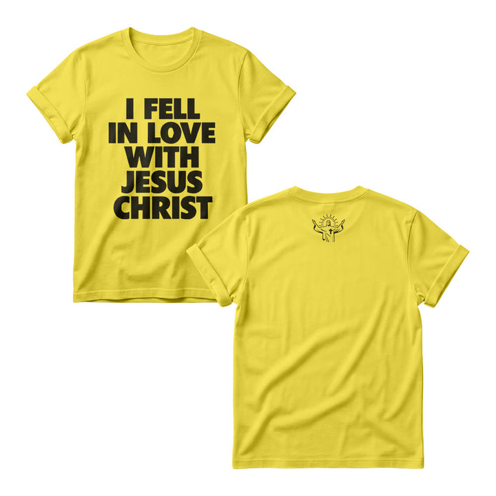 Christianartworkshop Mi sono innamorata di Gesù Cristo - Maglietta girocollo da donna con stampa a blocchi audace e impilamento verticale - Giallo - 4XL - image 3