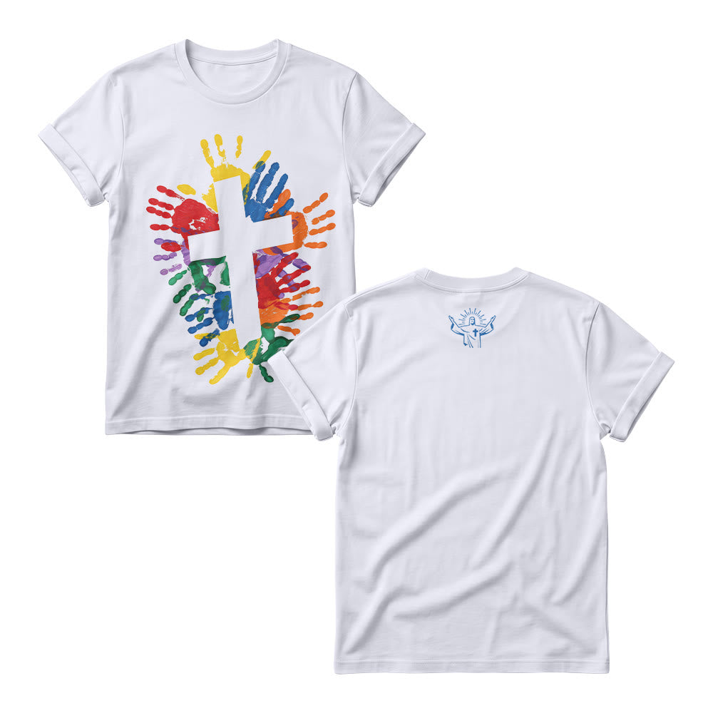 Christianartworkshop Maglietta girocollo da donna multicolore con stampa grafica minimalista a forma di mano, cuore e croce sul davanti e linea di adorazione sul retro. - Bianco - 4XL - image 1