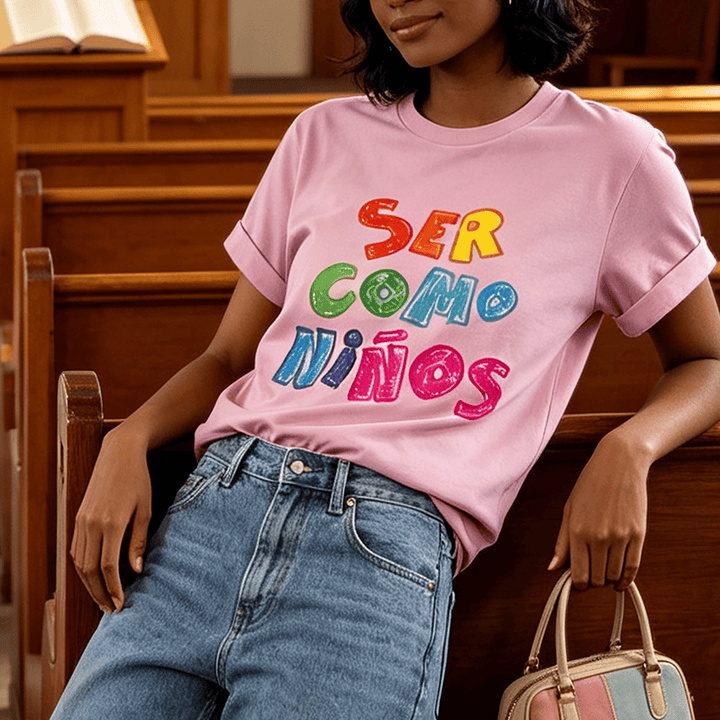 Christianartworkshop Ser Como Niños Multicolor Glossy Bubble Spanish Scripture Front Print Women’s Crewnecks - image 0