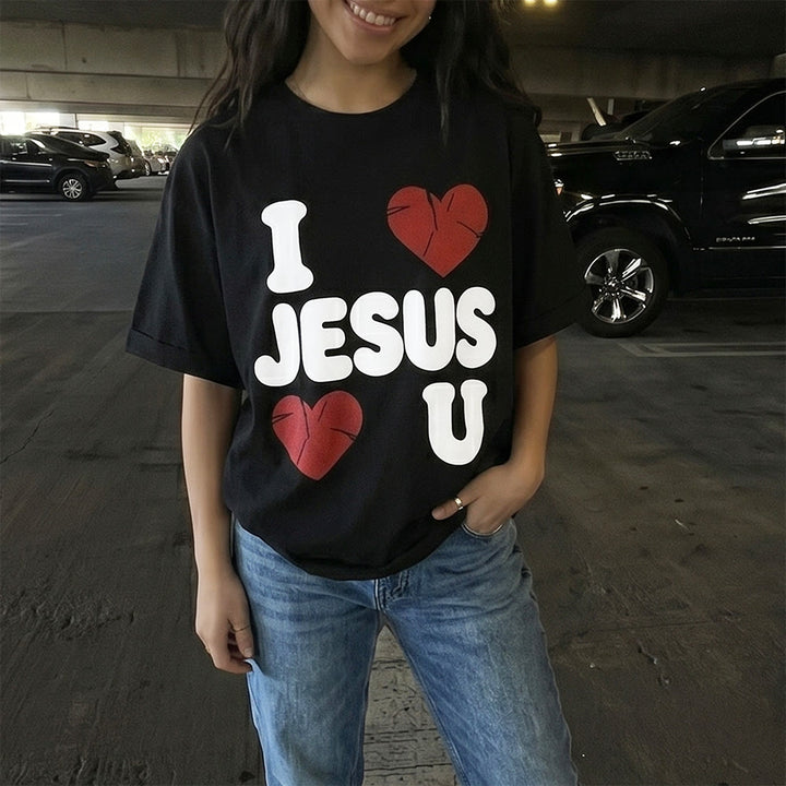 Christianartworkshop Felpa girocollo da donna con scritta "I Love Jesus" in rilievo e motivo a bolle, semplice e con doppio cuore. - image 0