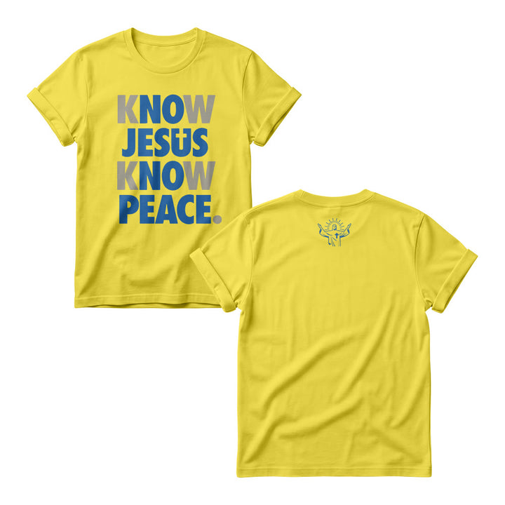 Christianartworkshop Felpa girocollo da donna con stampa a blocchi audace frontale a due tonalità con motivo "Know Jesus Know Peace" e sovrapposizione verticale. - Giallo - 4XL - image 3