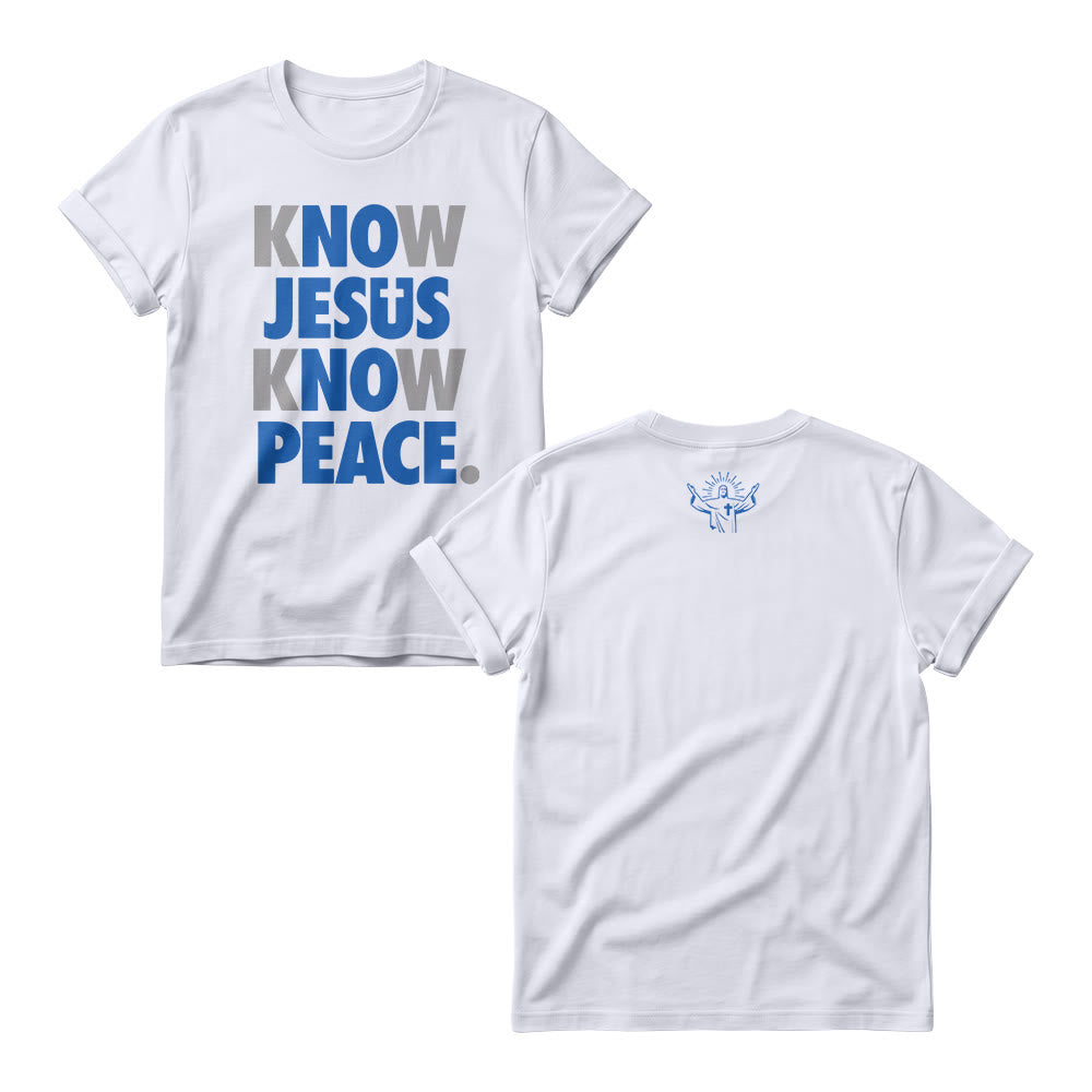 Christianartworkshop Felpa girocollo da donna con stampa a blocchi audace frontale a due tonalità con motivo "Know Jesus Know Peace" e sovrapposizione verticale. - Bianco - 4XL - image 2
