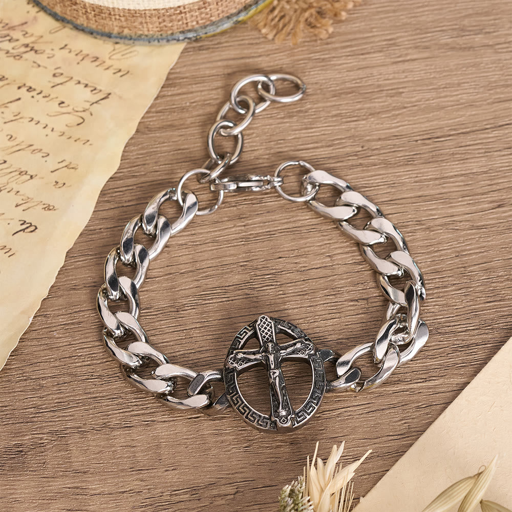 Christianartworkshop Bracciale con catena a maglie grosse in metallo anticato, con immagine di San Giuda e crocifisso incorniciato. - Crocifisso C - image 5