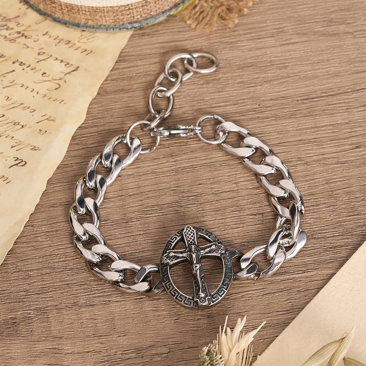 Christianartworkshop Bracciale con catena a maglie grosse in metallo anticato, con immagine di San Giuda e crocifisso incorniciato. - Crocifisso C - image 5