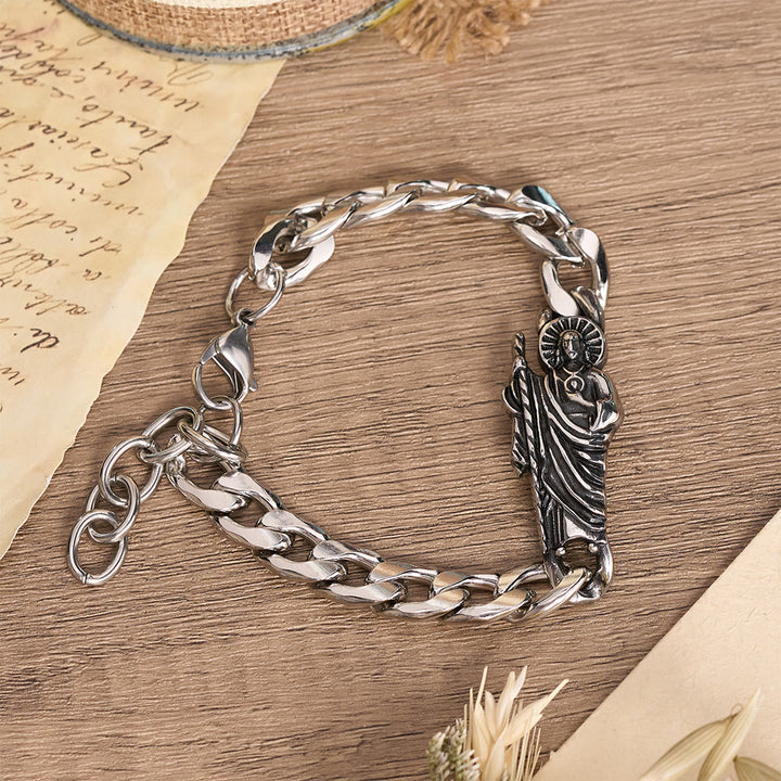 Christianartworkshop Bracciale con catena a maglie grosse in metallo anticato, con immagine di San Giuda e crocifisso incorniciato. - San Giuda - image 7