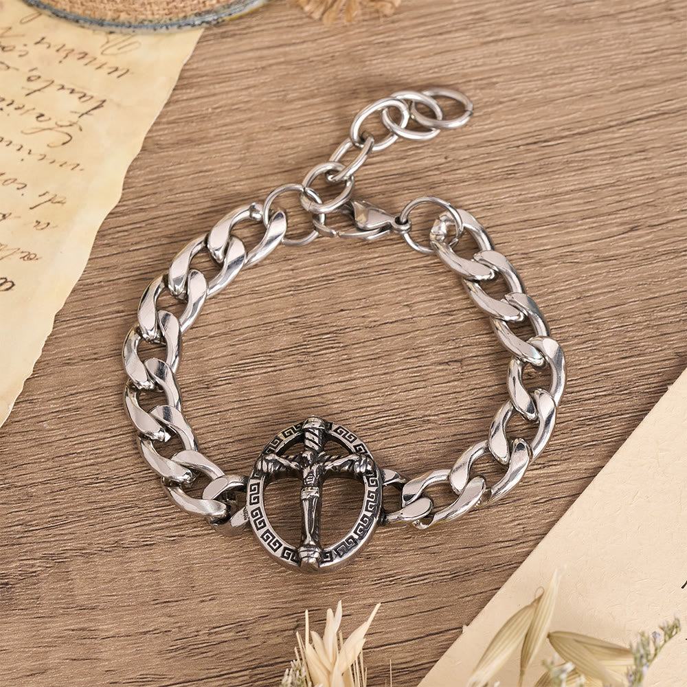 Christianartworkshop Bracciale con catena a maglie grosse in metallo anticato, con immagine di San Giuda e crocifisso incorniciato. - Crocifisso B - image 3