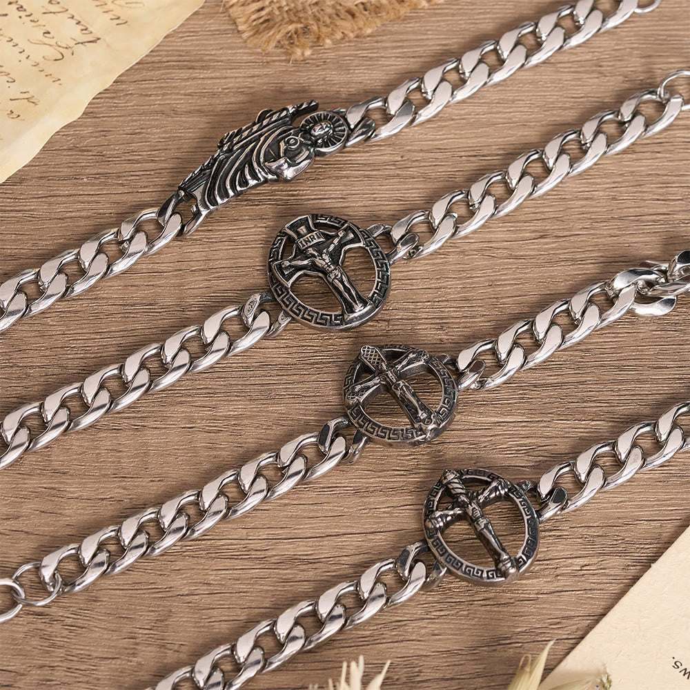 Christianartworkshop Bracciale con catena a maglie grosse in metallo anticato, con immagine di San Giuda e crocifisso incorniciato. - image 1