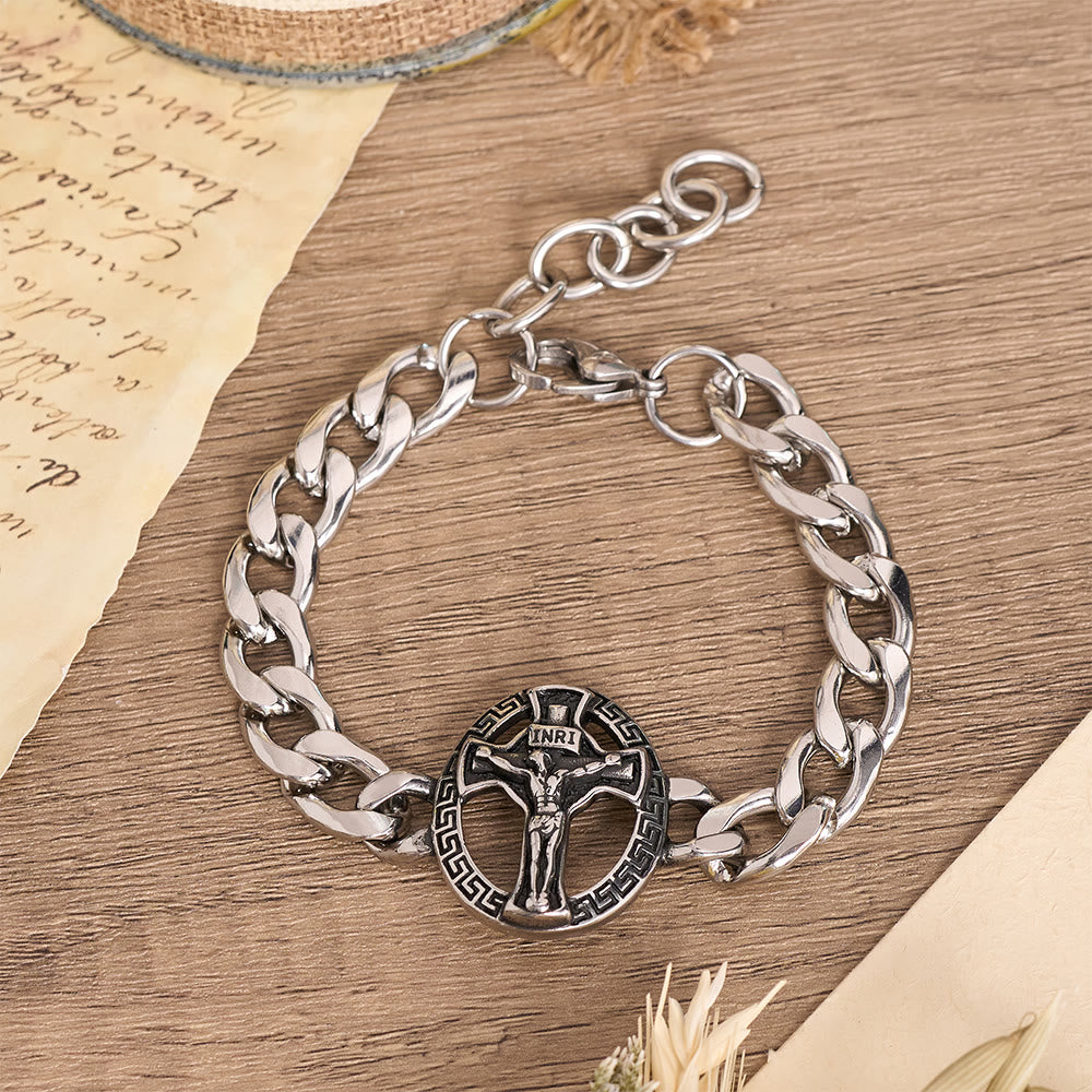 Christianartworkshop Bracciale con catena a maglie grosse in metallo anticato, con immagine di San Giuda e crocifisso incorniciato. - Crocifisso A - image 0