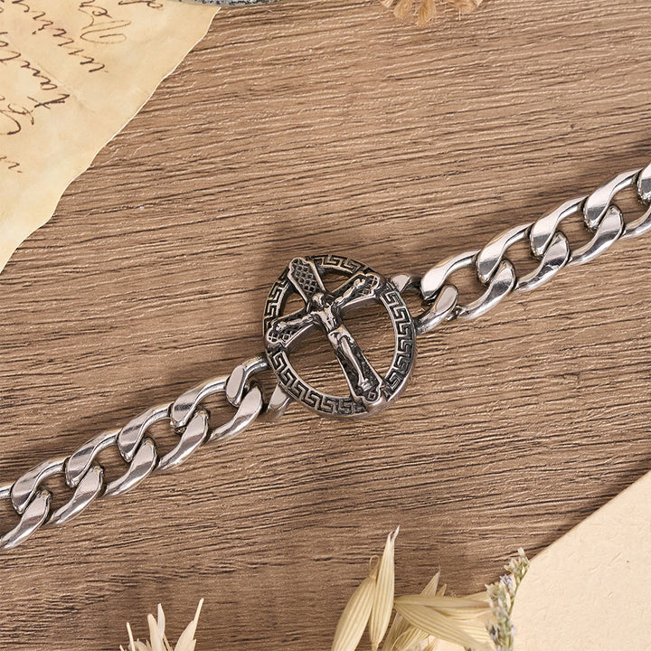 Christianartworkshop Bracciale con catena a maglie grosse in metallo anticato, con immagine di San Giuda e crocifisso incorniciato. - image 6