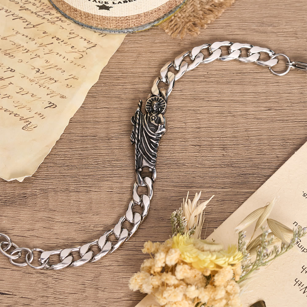 Christianartworkshop Bracciale con catena a maglie grosse in metallo anticato, con immagine di San Giuda e crocifisso incorniciato. - image 8