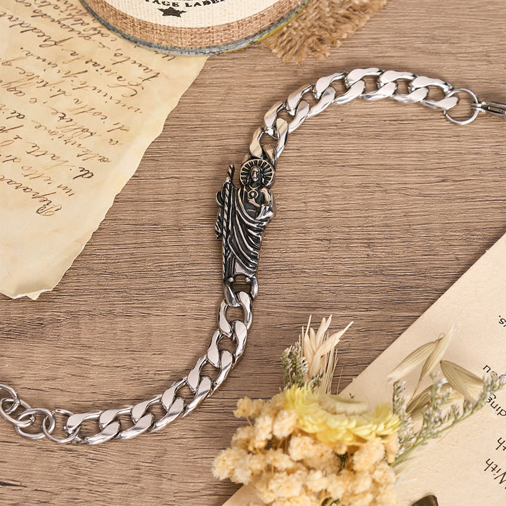 Christianartworkshop Bracciale con catena a maglie grosse in metallo anticato, con immagine di San Giuda e crocifisso incorniciato. - image 8