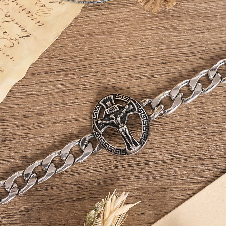Christianartworkshop Bracciale con catena a maglie grosse in metallo anticato, con immagine di San Giuda e crocifisso incorniciato. - image 2
