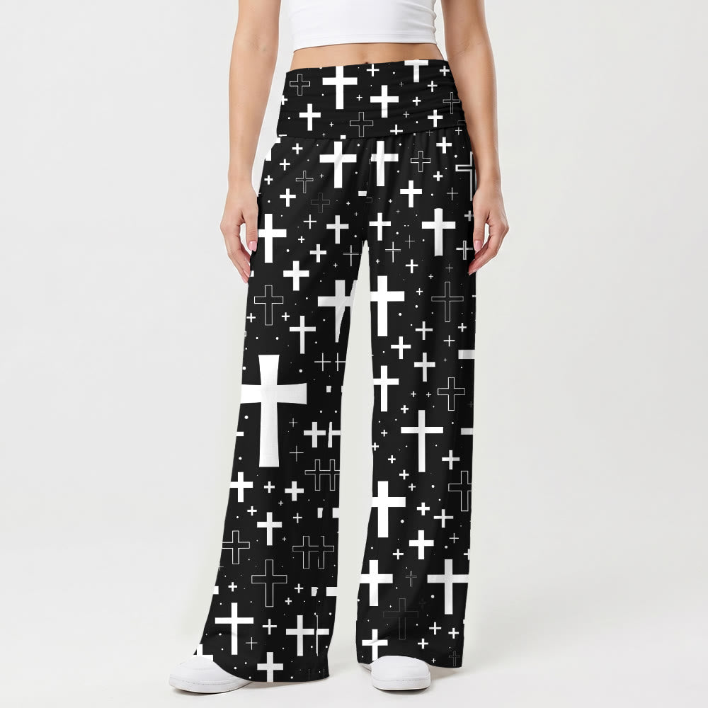 Christianartworkshop Pantaloni da donna a gamba larga, morbidi, con stampa a croce su tutta la superficie e contorni misti sparsi. - image 1