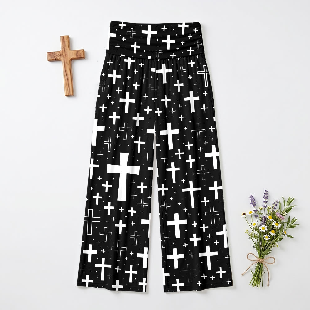 Christianartworkshop Pantaloni da donna a gamba larga, morbidi, con stampa a croce su tutta la superficie e contorni misti sparsi. - US22,UK/AU26,EU54 - image 0