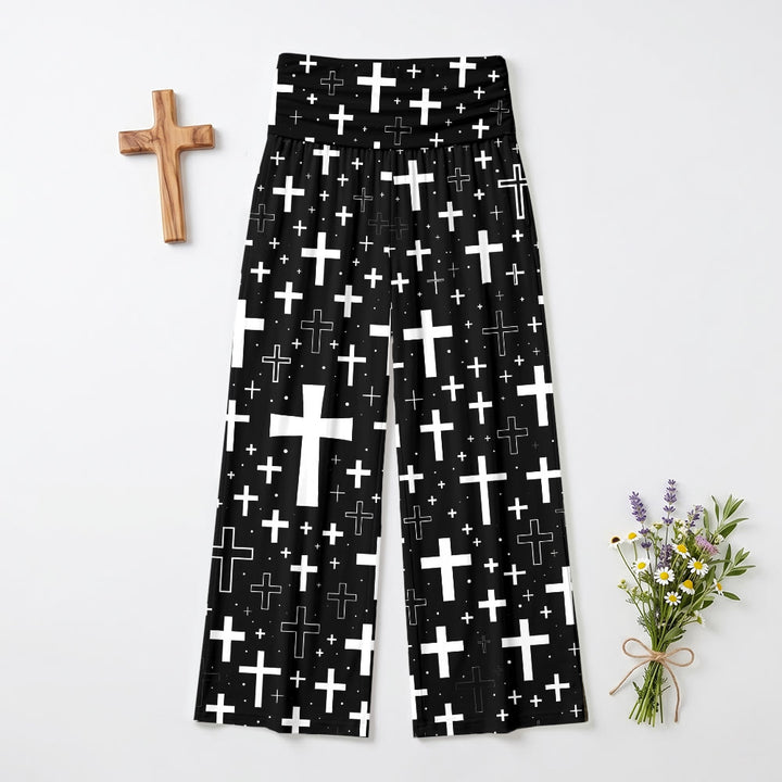 Christianartworkshop Pantaloni da donna a gamba larga, morbidi, con stampa a croce su tutta la superficie e contorni misti sparsi. - US22,UK/AU26,EU54 - image 0