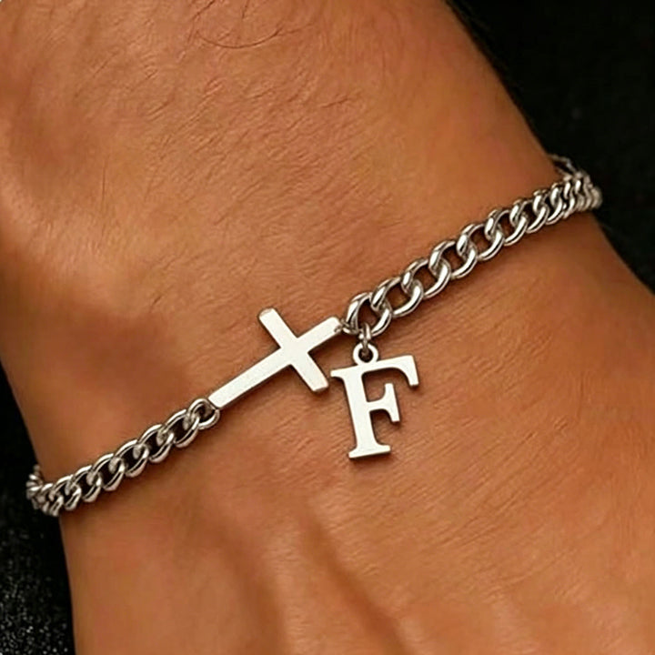 Christianartworkshop Bracciale con croce e lettera a catena: emblema personalizzato di incrollabile fede celeste - F - image 7
