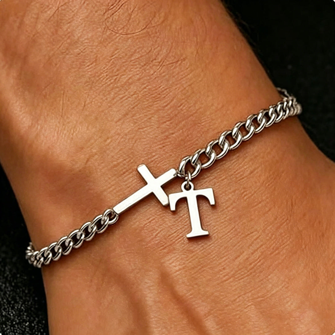 Christianartworkshop Bracciale con croce e lettera a catena: emblema personalizzato di incrollabile fede celeste - T - image 21