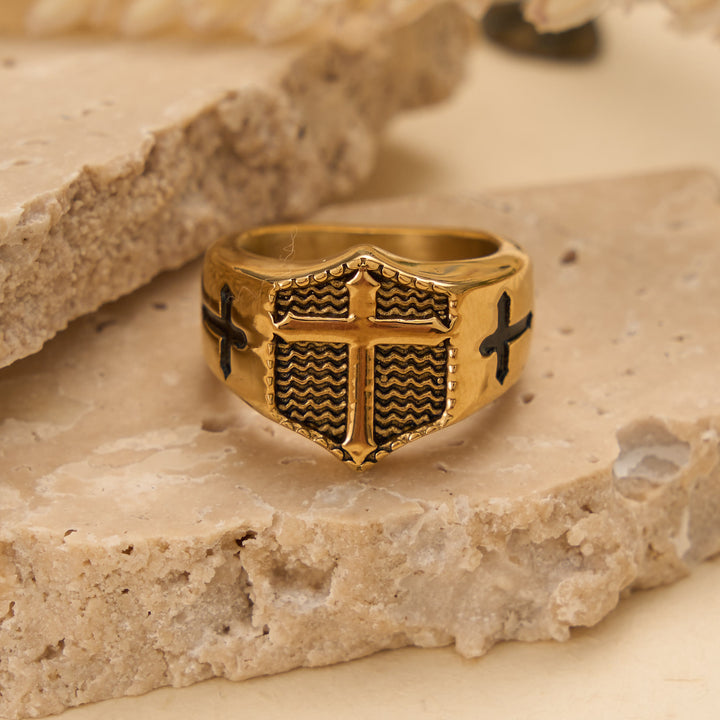 Christianartworkshop Anello con sigillo a forma di scudo e croce in rilievo: emblema senza tempo di una fede sacra incrollabile. - D'oro - US 13 - image 7