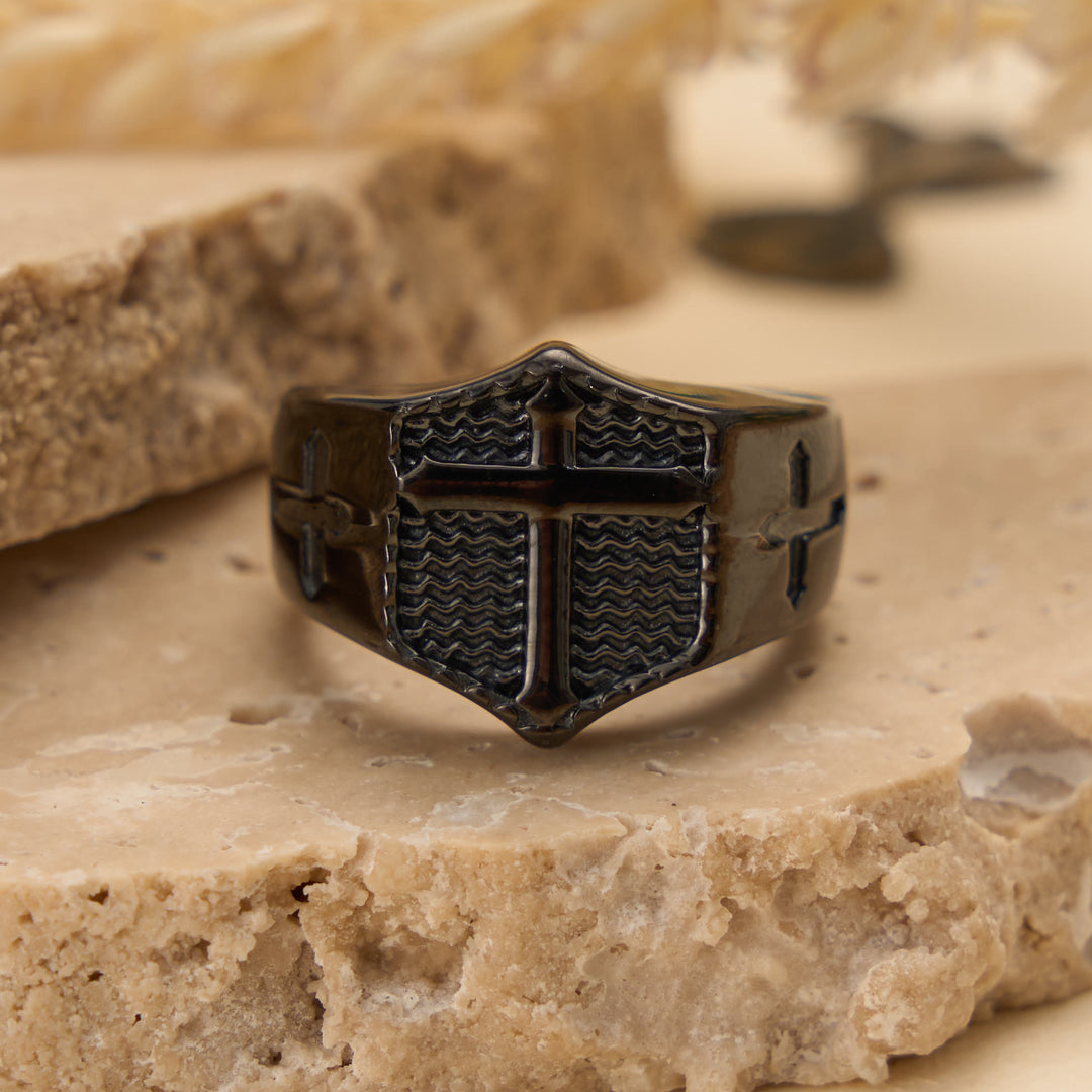 Christianartworkshop Anello con sigillo a forma di scudo e croce in rilievo: emblema senza tempo di una fede sacra incrollabile. - Nero - US 13 - image 9