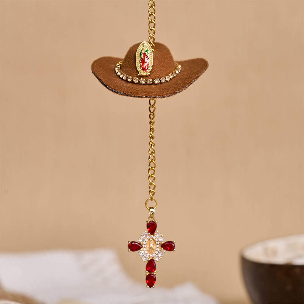 Mini cappello da cowboy Christianartworkshop , croce di cristallo della Madonna, ornamento per auto: un promemoria della misericordiosa protezione divina in ogni viaggio - Marrone - image 0