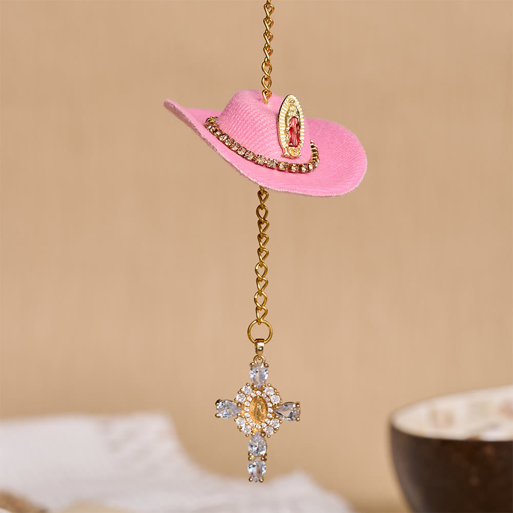 Christianartworkshop Mini cappello da cowboy, croce di cristallo della Madonna, ornamento per auto: un promemoria della misericordiosa protezione divina in ogni viaggio - Rosa - image 8