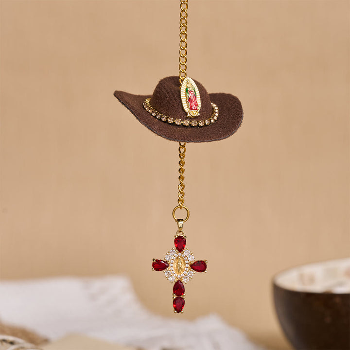 Mini cappello da cowboy Christianartworkshop , croce di cristallo della Madonna, ornamento per auto: un promemoria della misericordiosa protezione divina in ogni viaggio - Caffè - image 5