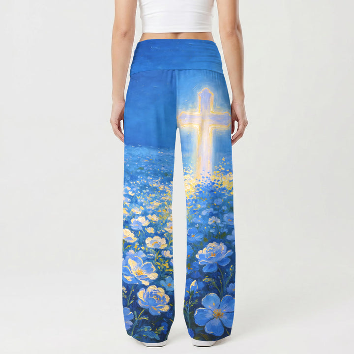 Christianartworkshop Pantaloni da donna a gamba larga con stampa floreale a croce luminosa e vita alta elasticizzata Faith. - image 2