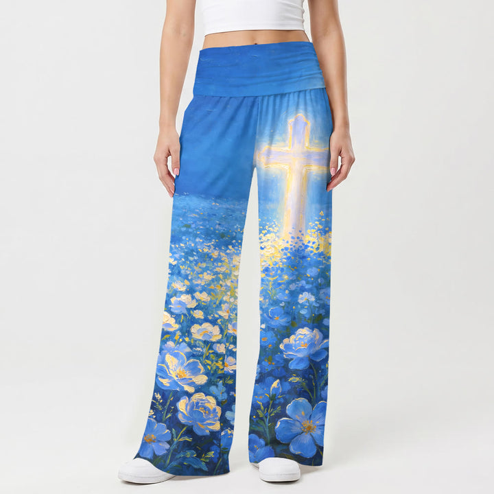 Christianartworkshop Pantaloni da donna a gamba larga con stampa floreale a croce luminosa e vita alta elasticizzata Faith. - image 1