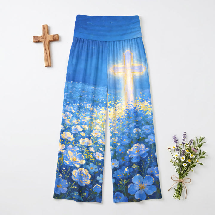 Christianartworkshop Pantaloni da donna a gamba larga con stampa floreale a croce luminosa e vita alta elasticizzata Faith. - US22,UK/AU26,EU54 - image 0