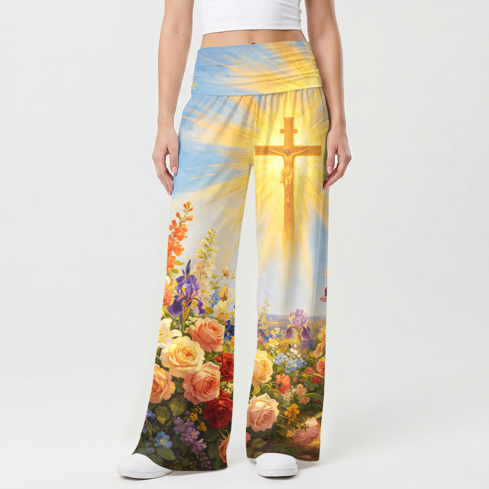 Christianartworkshop Pantaloni da donna a gamba larga, vita alta ed elasticizzati, con stampa floreale e crocifisso radioso in stile vintage. - image 1