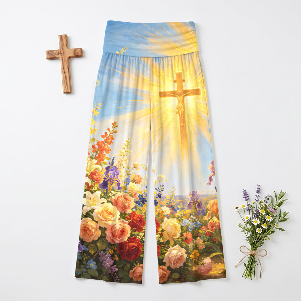 Christianartworkshop Pantaloni da donna a gamba larga, vita alta ed elasticizzati, con stampa floreale e crocifisso radioso in stile vintage. - US22,UK/AU26,EU54 - image 0