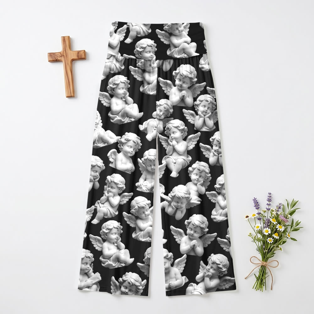 Christianartworkshop Pantaloni da donna Faith a vita alta, ultra elasticizzati, con stampa integrale di cherubini vintage e gamba larga. - US22,UK/AU26,EU54 - image 0