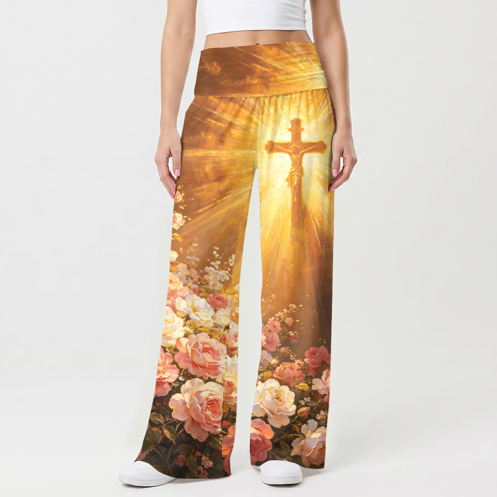 Christianartworkshop Pantaloni da donna a gamba larga, vita alta ed elasticizzati, con stampa vintage di un crocifisso rosa cipria. - image 1