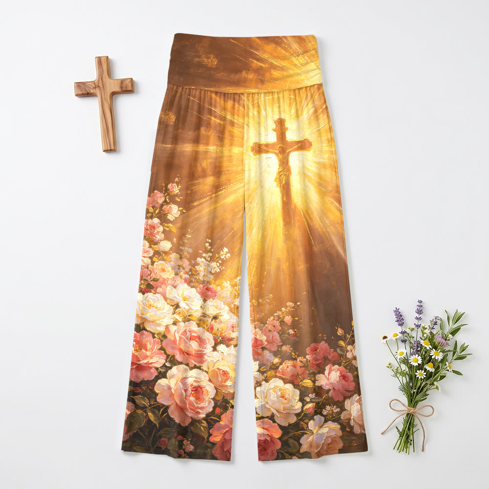 Christianartworkshop Pantaloni da donna a gamba larga, vita alta ed elasticizzati, con stampa vintage di un crocifisso rosa cipria. - US22,UK/AU26,EU54 - image 0