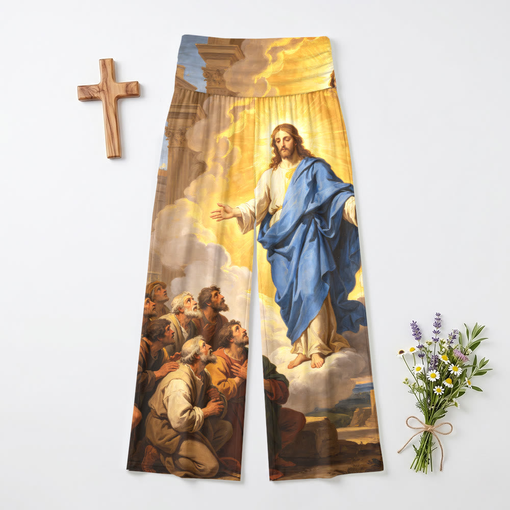 Christianartworkshop Stampa vintage classica con dipinto ad olio raffigurante Gesù che ascende e i suoi discepoli, pantaloni da donna a gamba larga e vita alta elasticizzati. - US22,UK/AU26,EU54 - image 0