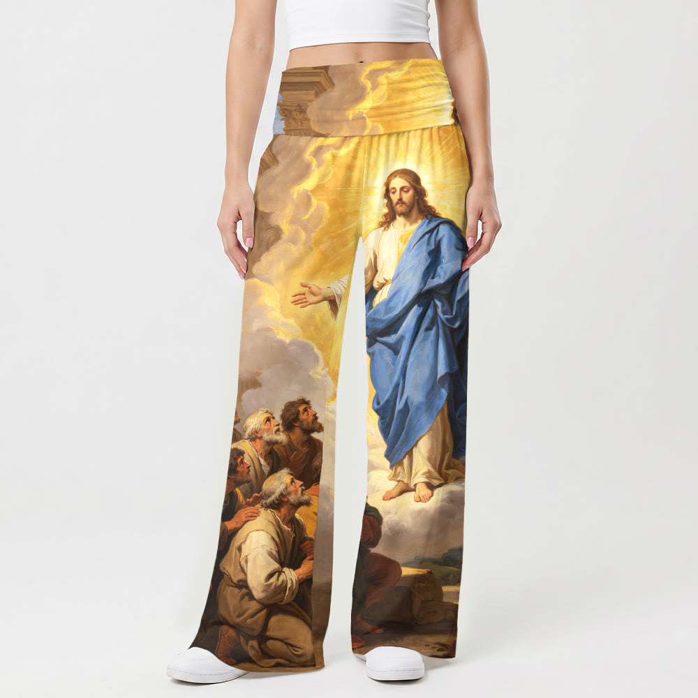 Christianartworkshop Stampa vintage classica con dipinto ad olio raffigurante Gesù che ascende e i suoi discepoli, pantaloni da donna a gamba larga e vita alta elasticizzati. - image 1